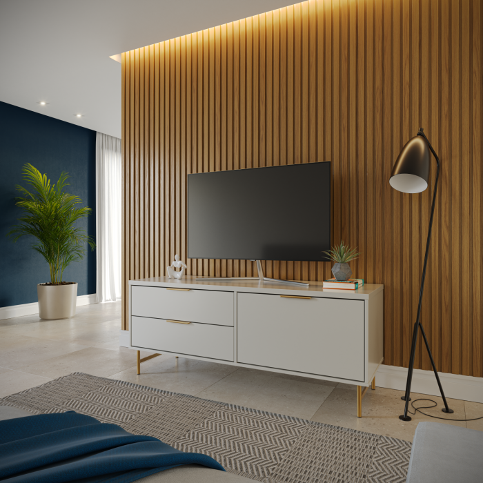 Cópia de Rack 1.35 Off White + Painel Decorativo Freijó