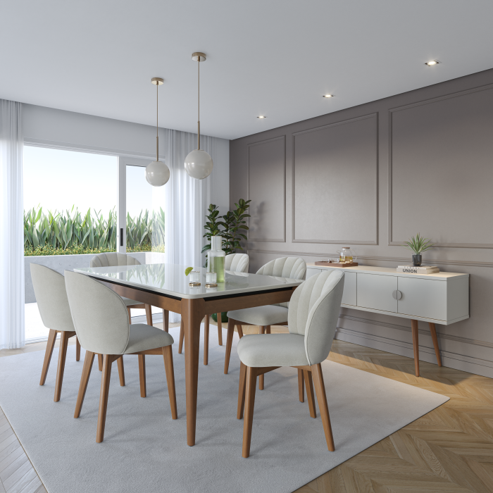 MESA ADDAR 1.8 C VIDRO OFF-WHITE FOSCO NATURAL + CADEIRAS ALBA NATURAL SOFT PALHA + BUFFET ABBEY OFF-WHITE FOSCO NATURAL CHAMPANHE
