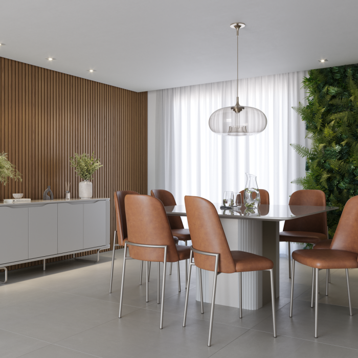 MESA DE JANTAR LIEGE QUADRADA OFF_ CHAMPANHE + CADEIRA LICILLE CHAMPANHE_ CARAMEL+ BUFFET LIEGE OFF_ CHAMPANHE